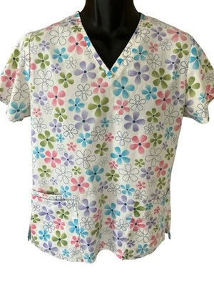 SB Scrubs Scrub Top Women's Small White Pink Blue Purple Green Flowers V-Neck - Image 1 of 4
