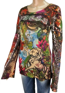 Guess Shirt Women Medium Tattoo Rhinestone Sheer Lion Floral Bell Hippie Y2K - Picture 1 of 8