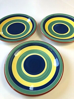 3-Pier 1 Imports 8" SALAD Desert Bread Plates Set Border Stripes Colorful Bands - Image 1 of 4