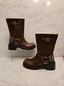 AKIRA Azalea Wang Polaris-Brown Motorcycle Boots Silver Buckle Women's Size 6 - Picture 1 of 13