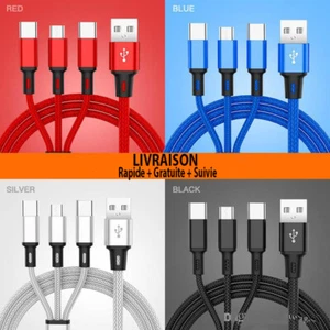 CABLE 3 en 1 USB CHARGEUR Pour SAMSUNG IPHONE X XS XR TYPE C/IOS/Micro USB - Imagen 1 de 12
