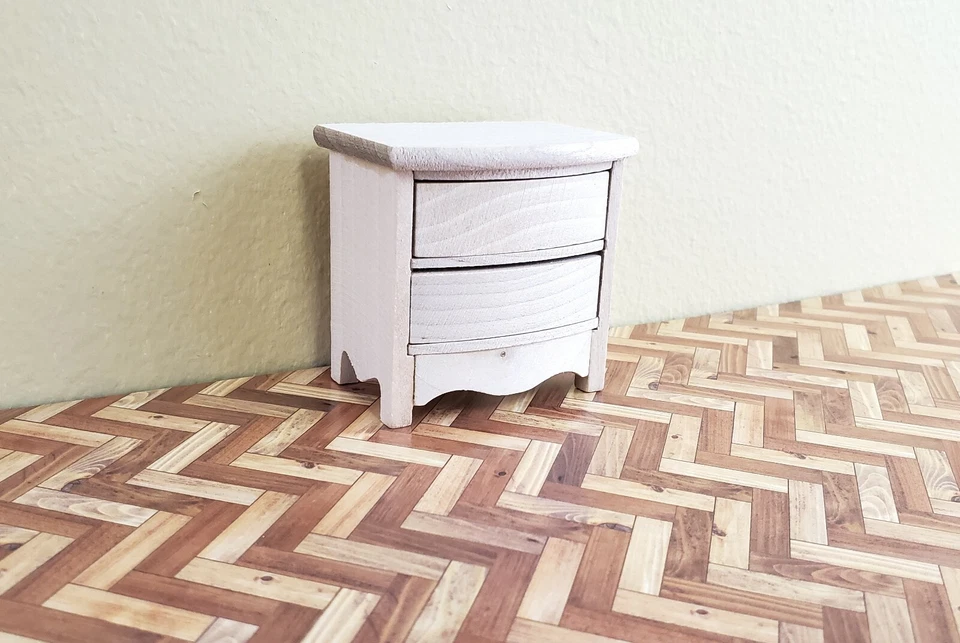Dollhouse Miniature Side Table or Nightstand With 2 Drawers BAREWOOD 1 12 Scale