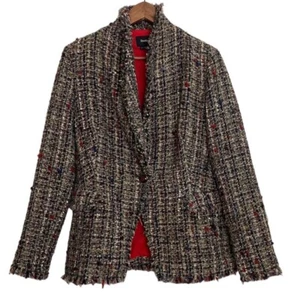 Desigual Blazer Womens 44 US XL Tan Black Red Tweed Fringe Colourful Jacket - Picture 1 of 16