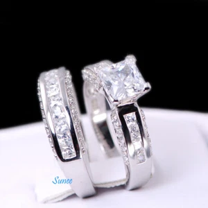 2.55ct Princess Cut Sterling Silver Wedding Rings Engagement Rings 7 1/4 - Picture 1 of 4