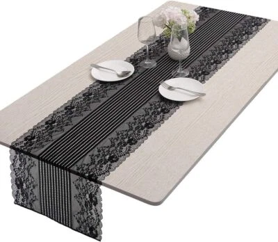 Vintage Black Embroidered Lace Table Runner Doily Dining Room Kitchen Home Decor - Image 1 of 4