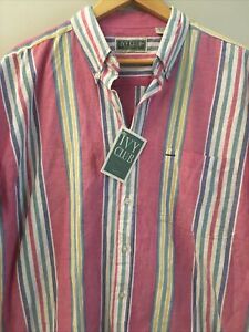 NWT VTG IVY CLUB CLASSIC Collarless Striped ButtonDown Short Sleeve Men's Size L