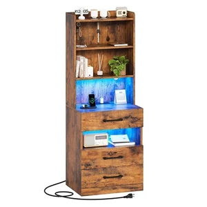 Tall Night Stand with LED Lights & 3 Drawers,Bedside Table with Bookshelf - Picture 1 of 8