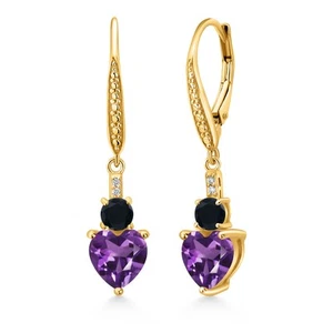 18K Yellow Gold Plated Silver Amethyst Onyx and White Lab Grown Diamond Drop - Picture 1 of 4