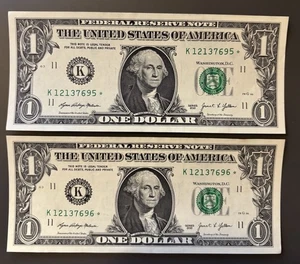 2021 $1 Star Note Pair Consecutive Serial Numbers K12137695 K12137696 - Picture 1 of 2