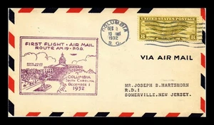 US COVER FIRST FLIGHT AIR MAIL AM 19 COLUMBIA SOUTH CAROLINA - Picture 1 of 2