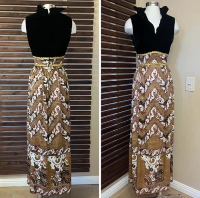 Maxi Vestido Vintage Años 60 Negro Terciopelo y Dorado Borgoña Plata Metálico Sin Mangas Foto 1 de 4