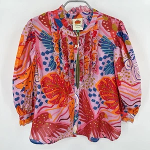 Farm Rio Lilac Colorful Party Blouse size L Large Ruffle Pleats Cotton - Picture 1 of 5