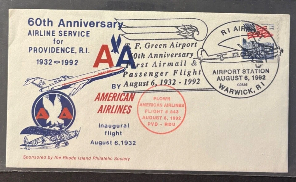 American Airlines 60th Anniversary service for Rhode Island, 8/6/1992 cancel - Image 1 of 1