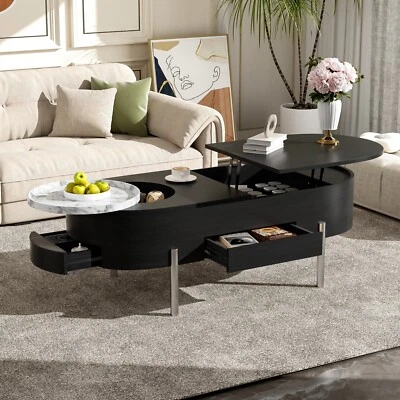 Lift Top Coffee Table Oval Center Cocktail Table with Rotating Tray & 3 Drawers - Image 1 of 4