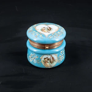 Vintage Francuski niebieski biały ręcznie malowane szkło opalinowe pudełko na drobiki - Zdjęcie 1 z 7