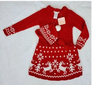 NWT Little Girls Red & White Winter Snowflake Sweater Dress Matching Hat Size 4 - Picture 1 of 7