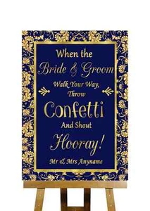 Blau und Gold Konfetti Personalisiert Hochzeit Schild - Bild 1 von 8