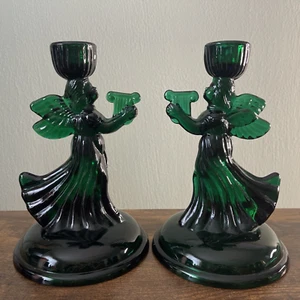 Pair Of Emerald Green Art Glass Christmas Angel Candlestick Holders - 8" Tall - Picture 1 of 13