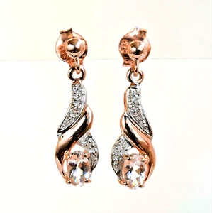 Natural Morganite Earrings Genuine Diamonds 9K Rose Gold Gift Boxed NEW - Picture 1 of 7
