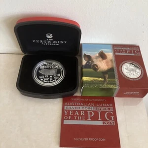 2019 Australia Silver 1 Oz. $1 PROOF Coin Year Of The Pig Perth Mint W/ Box/COA - Picture 1 of 5