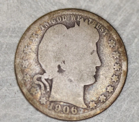 1906 D Barber Head Quarter, G Good, 25c Liberty Head Cover