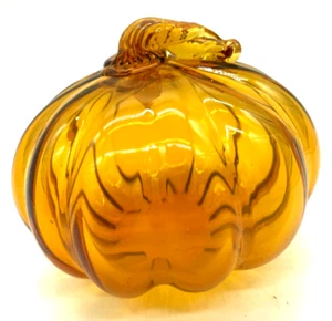 Art Glass Hand Blown Amber Orange Glass Pumpkin - Picture 1 of 8
