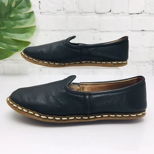 SABAH Women's 38/7 Handmade Black Leather Loafers Moccasins Slip On Shoes - Picture 1 of 13