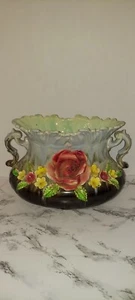 Antik Vintage Jugendstil Barbotine Majolika Blumen Übertopf Vase 11" Bx 8" H - Bild 1 von 10
