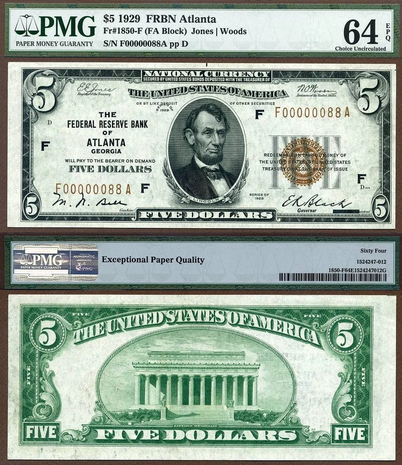 1929 $5 FRBN FR-1850-F Atlanta Georgia PMG CU64 EPQ Low Fancy S/N F00000088A - Image 1 of 3