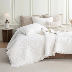 Set Copriletto Trapuntato King Oversize Bianco 3 Pezzi (120"x120"), Cotone Lavato a Pietra R... - Foto 1 di 9