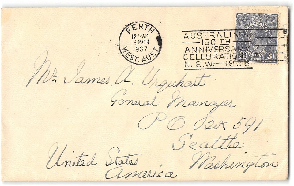 Australia #72 Perth, West Australia to Seattle WA, slogan cancel, 1937 - Image 1 of 1