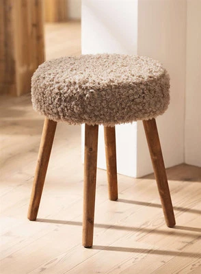 Hocker Sitzhocker Polsterhocker "Schaffell" Holz & Kunstfell, rund, Fußhocker - Bild 1 von 4