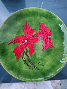 Vtg Bovano Of Cheshire Enamel On Copper Shallow Bowl Poinsettia Signed Terri 9" - Picture 1 of 4
