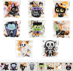 200Pcs Halloween Candy Bags,Self-Adhesive Cellophane Treat Bags 8 Styles Cute fo - Picture 1 of 7