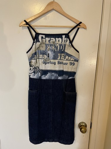 Mini abito donna vintage anni '90 Fendi Fendi denim collo a collo alto S M