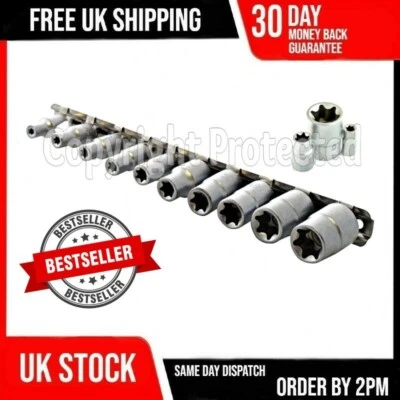 10PC FEMALE E SOCKET SET CHROME VANADIUM STAR TORX TORQUE STAR ON RAIL 1/4" 3/8" - Image 1 of 4