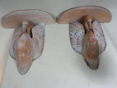 Rare XL Pair French Style Swans Wall Bracket Shelves Ornate Hand Carved Wood Cover