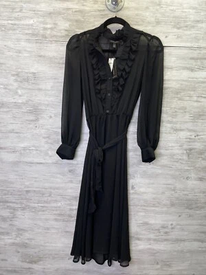 Banana Republic Black Ruffle Placket Shirt Dress XXS Long Sleeve Sheer Lined - Image 1 of 4