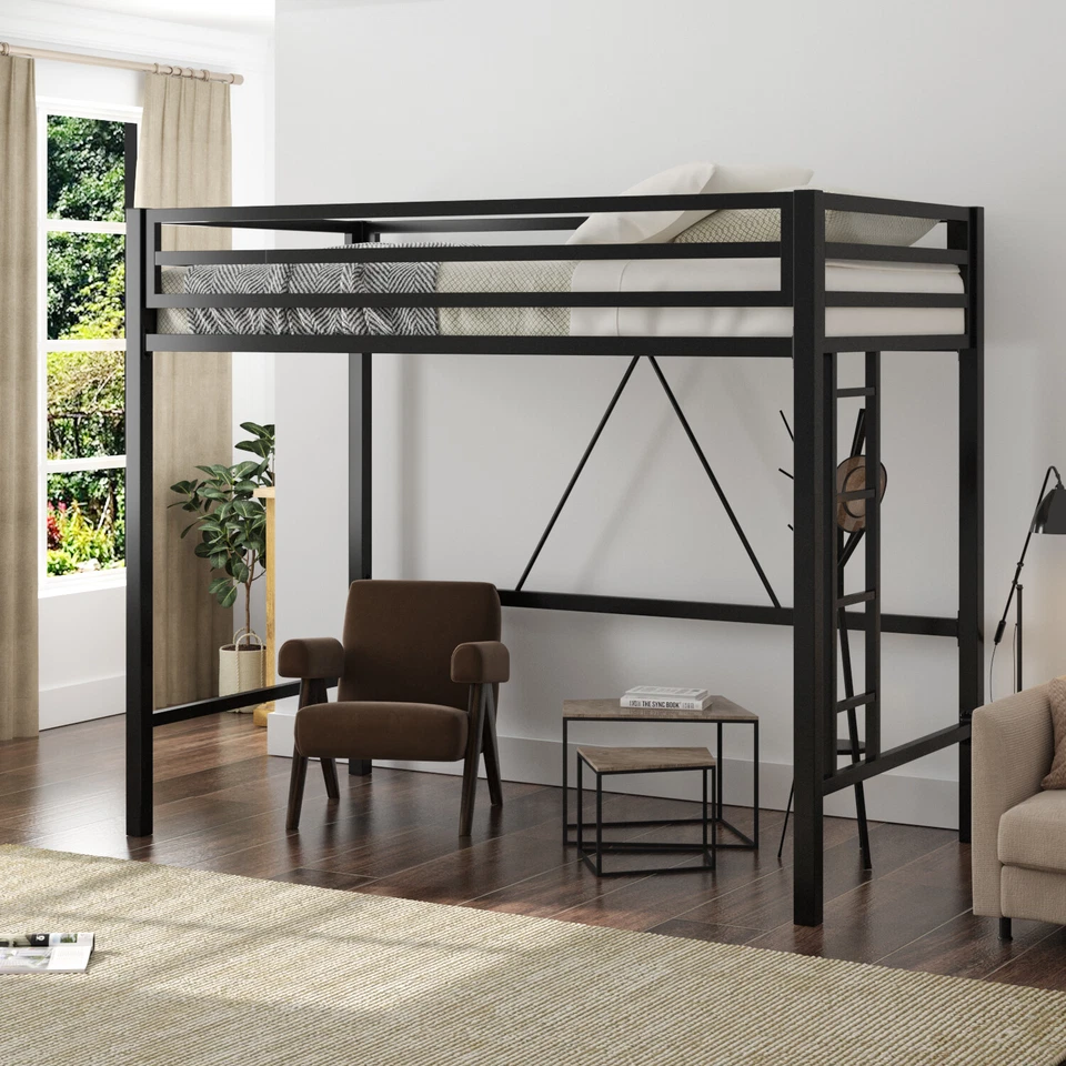 Sifurni Junior Twin Loft Bed Frame with Ladder and Guard Rail, Matte Black