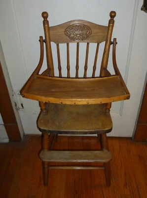 Antique Victorian golden oak pressback baby’s highchair - Image 1 of 4