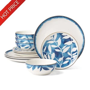 12-Piece Aura Blue & White Porcelain Tableware Set W/Bowl & Plate Service 4 New - Picture 1 of 6