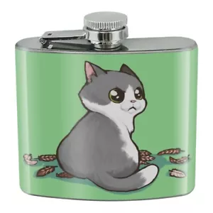 Kawaii Cute Cat with Bird Feathers Stainless Steel 5oz Hip Drink Kidney Flask - Picture 1 of 3