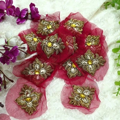 Indian Vintage Pink Net Hand-Embroidered Appliques – Set of 3, Zardozi, Dabka, - Image 1 of 4