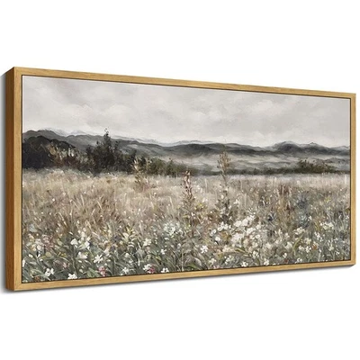 Arte de pared enmarcado vintage extra grande de 20x40 pulgadas prado con flores paisaje pai... Foto 1 de 4