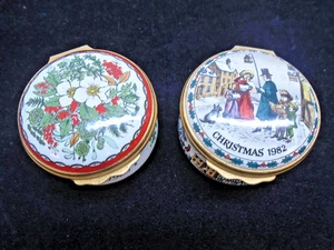 Halcyon Days Christmas 1982 Rose and  1983 Carol Singers Enamel Pill/Trinket Box - Picture 1 of 5