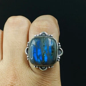 925 Sterling Silver Natural Labradorite Gemstone Handmade Ring (Size-8 US) - Picture 1 of 5