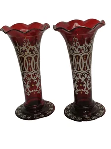 Pair of Ruby Glass Vases with Hand Painted Gold Details - Picture 1 of 7