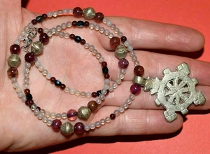Collar de Cruz Cristiana Copta Etíope con Cuarzo Granate Rosa Ágata Cuentas de Metal - Imagen 1 de 4