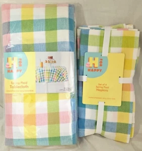 4 Spring Napkins and 1 Tablecloth Pastel Crisscross Plaid 70”  Round Party NWT - Picture 1 of 9