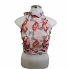 Embroidered Halter Top Cropped Pink Red Floral Tie Sleeveless Bra High Neck Open
